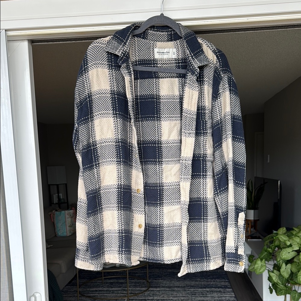 Abercrombie Navy and Cream Plaid Button-Up Shacket